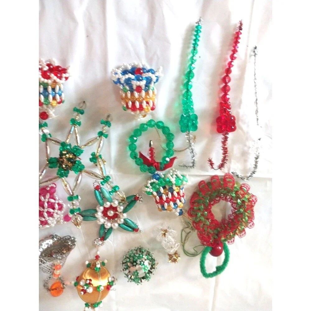 21 Lot Christmas Beaded Ornaments Bells Candle Wreath Icicle Candy Cane Push Pin